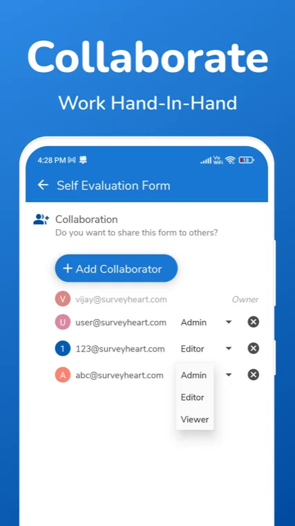 SurveyHeart collaboration screen adding teammates as owner, editor or viewer